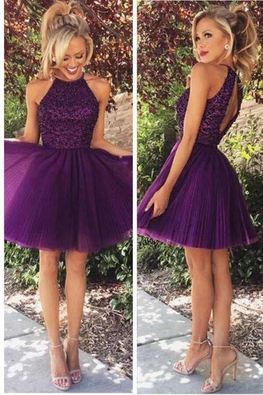 Open Back Homecoming Halter Purple Beaded Tulle Cocktail Dresses Short Prom Dress