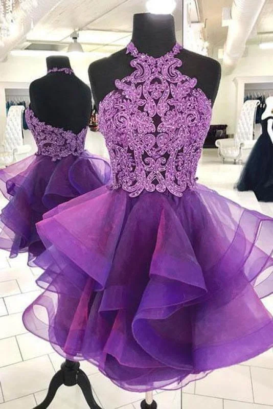 Purple Halter Asymmetrical Short Homecoming Dresses with Beading Mini Cocktail Dress