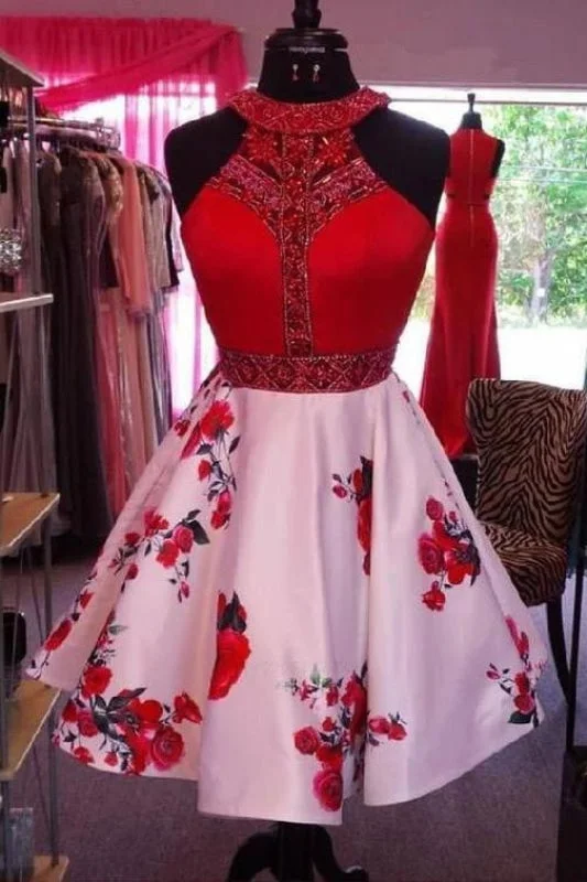 Red Beaded Halter Short Floral Print Homecoming Sleeveless Cocktail Dresses