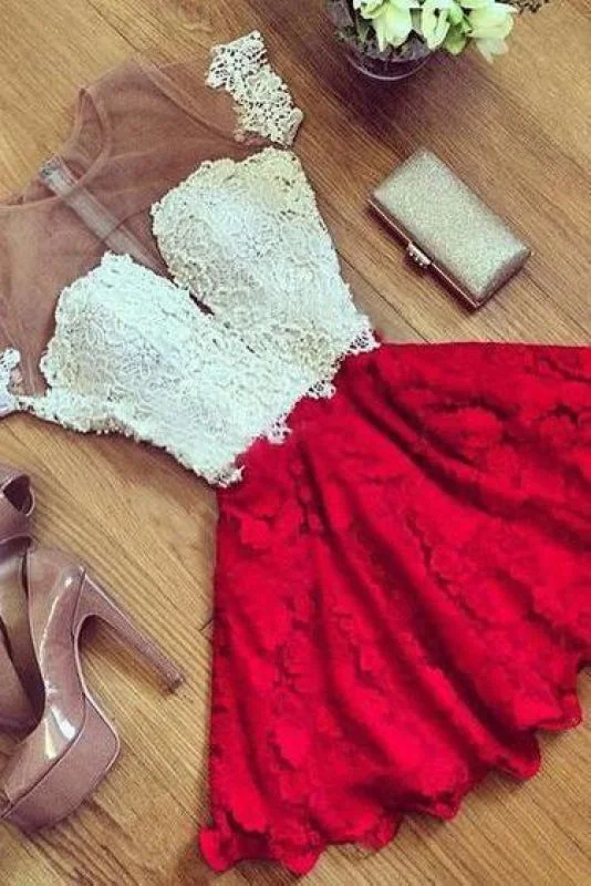 Red Lace Short Sleeve Homecoming Dress Cheap Cocktail Party Dresses