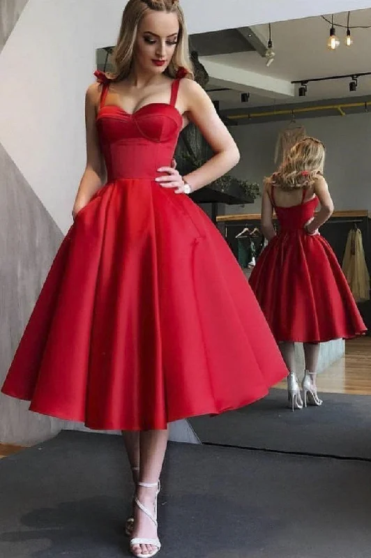 Romantic Vintage Sweetheart Tea-length Homecoming Prom Cocktail Dress With Straps And Ruching-334168