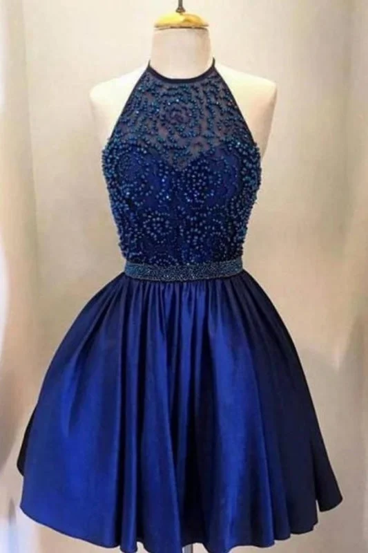 Royal Blue Prom Beading Halter Short Backless Satin Homecoming Cocktail Dress