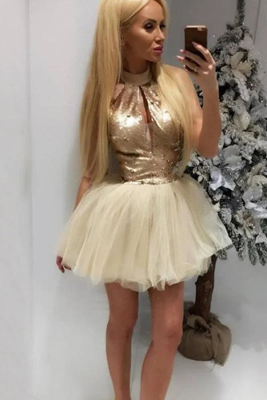 Sexy A-Line High Neck Short Tulle Homecoming Cocktail Dress with Keyhole without Belt