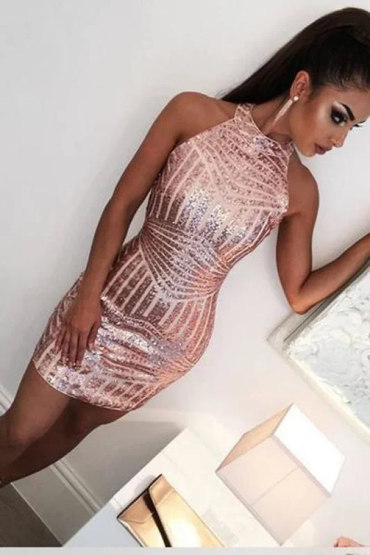 Sexy Rose Gold Jewel Sheath Mini Sleeveless Party Dresses Homecoming Cocktail Dress