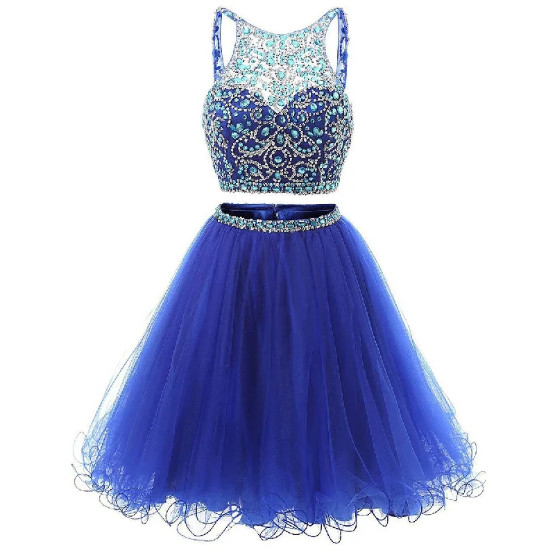 Sexy Two Pieces Royal Blue Beaded Tulle Homecoming Prom Dresses, Affordable Short Party Prom Sweet 16 Dresses, Perfect Homecoming Cocktail Dresses, CM352