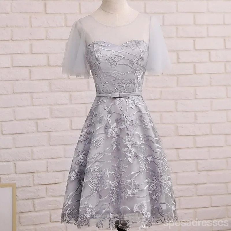 Short Sleeve Gray Lace Cute Homecoming Prom Dresses, Affordable Short Party Prom Sweet 16 Dresses, Perfect Homecoming Cocktail Dresses, CM338