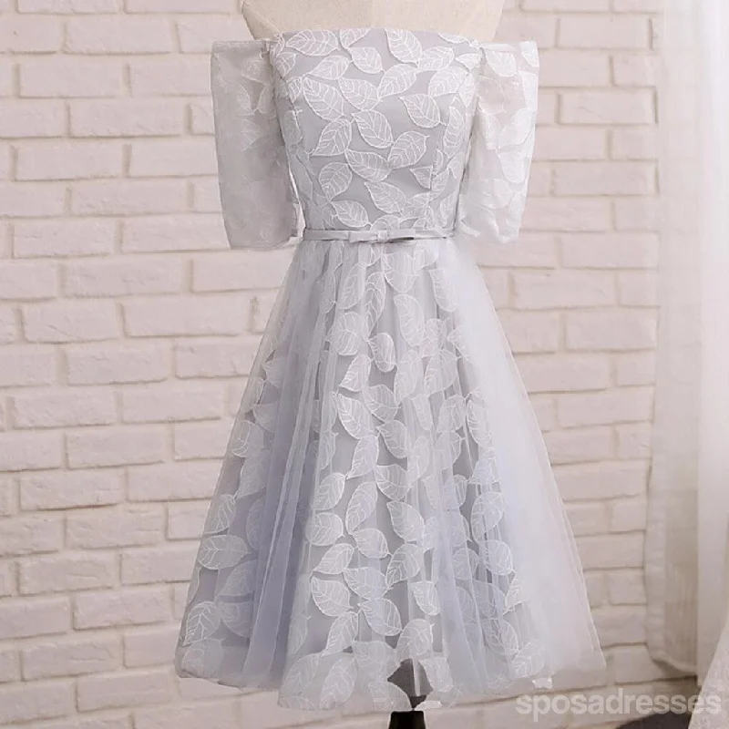 Short Sleeve Gray Leaf Lace Cute Homecoming Prom Dresses, Affordable Short Party Prom Sweet 16 Dresses, Perfect Homecoming Cocktail Dresses, CM339