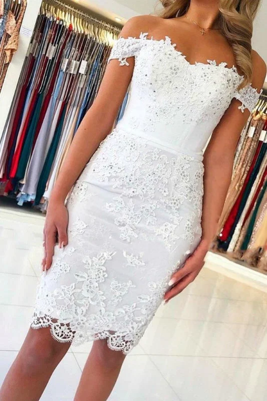 White Sheath Off the Shoulder Cocktail Short Lace Prom Dresses