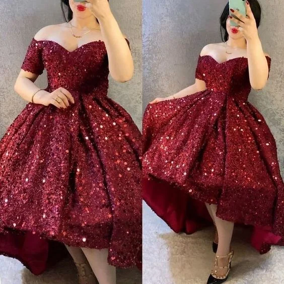 A line Burgundy High Low Off The Shoulder Sequin Prom Dress    S3668