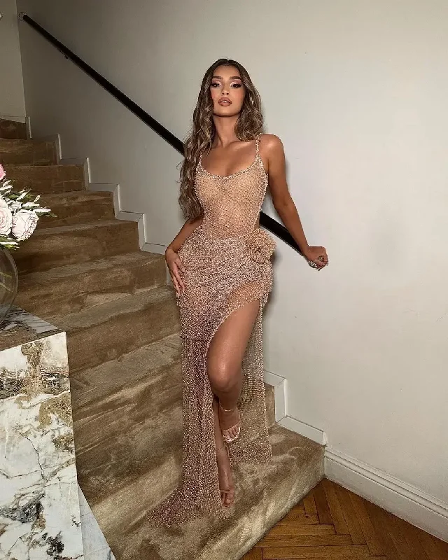 Beaded Prom Dresses Spaghetti Strapless Women Wear Cocktail Party Gowns Backless Sexy Evening Gowns Side Slit Robe Des