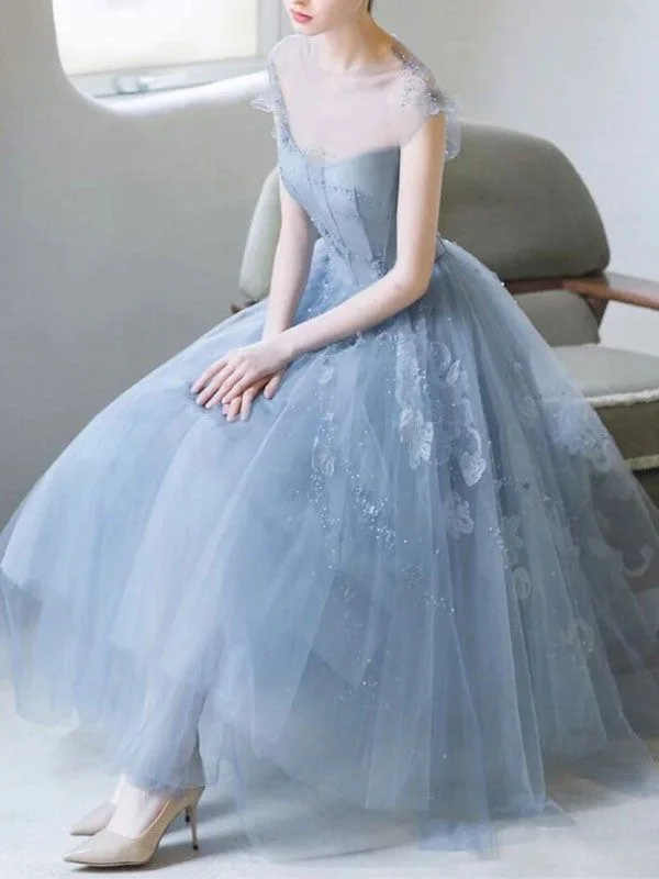 blue round neck tulle short prom dress, blue tulle homecoming dress     S3242