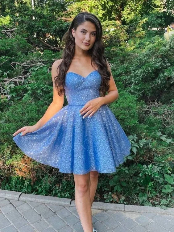 blue sweetheart neck tulle short prom dress, blue homecoming dress        S3214