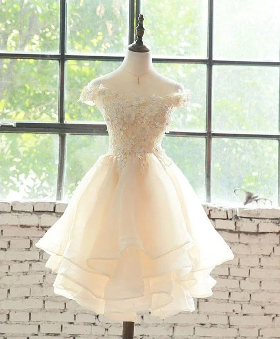 Champagne Lace Tulle Short Prom Dress, Homecoming Dress      S3523