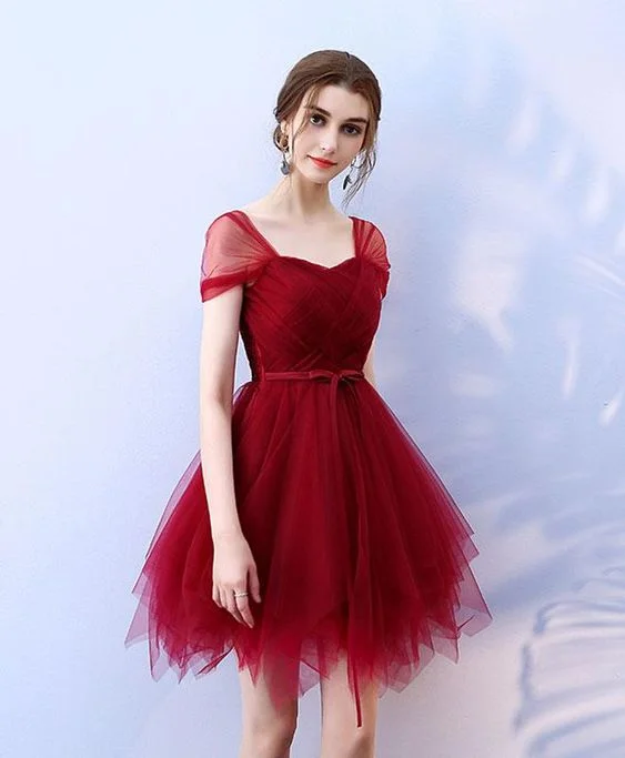 Cute burgundy tulle short prom dress, formal dresses, homecoming dress   S2933