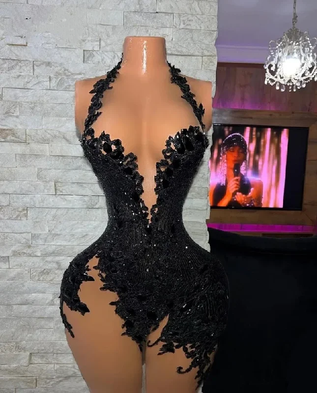 Elegant Black Lace Prom Dresses For Little Girl High Neck Beaded Short Cocktail Gowns Abiti Da Cocktail