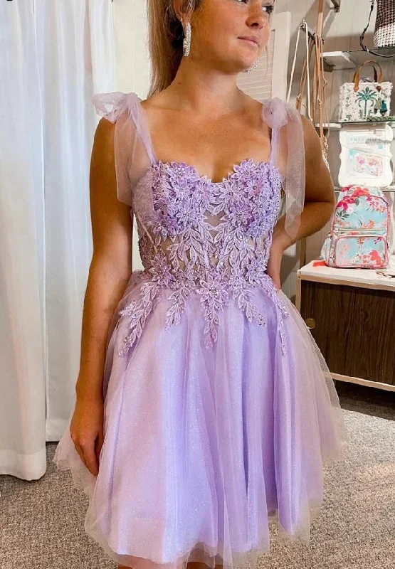 Elegant Lilac Lace Appliqued Homecoming Dresses Short Mini Beaded Women Party Wear Sexy Illusion Tulle Cocktail Dress