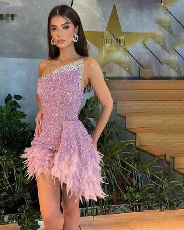 Glimmer Trendy Feathers Cocktail Dresses Strapless Sequines Tulle Sleeveless Backless Pleat Vestidos De Gala Personalised