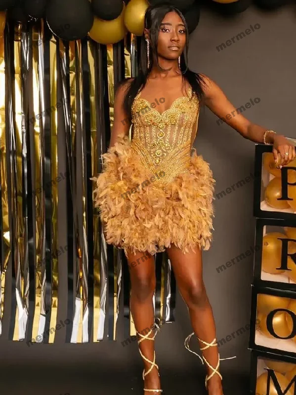 Gold Sparkly Short Prom Homecoming Dresses for Black Girl Luxury Diamond Crystal Feather Birthday gala cocktail gown