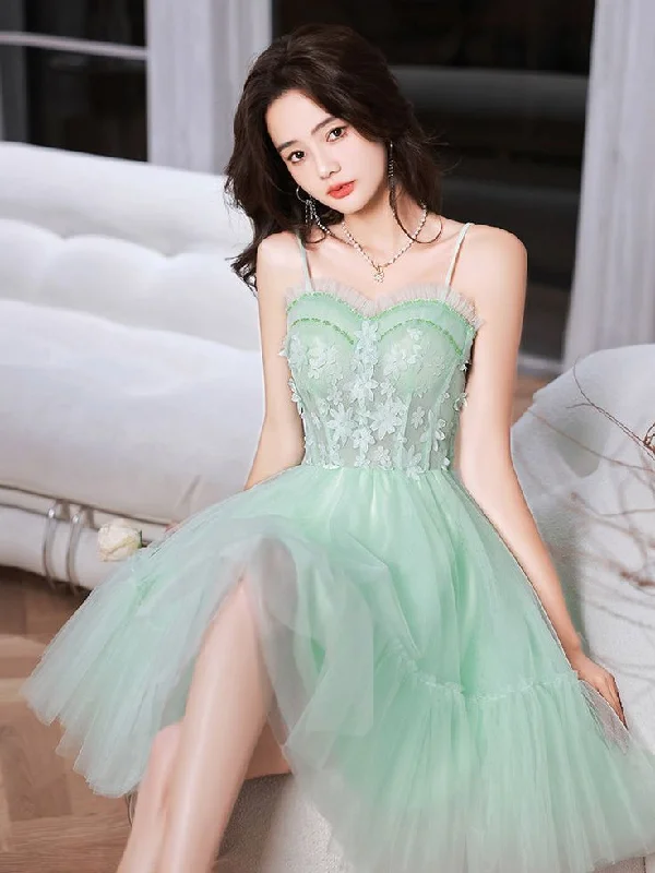 Green sweetheart neck tulle lace short prom dress, green homecoming dress        S3020