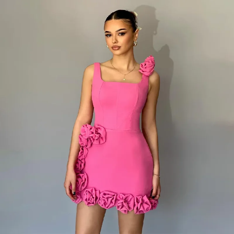 Hot Pink Party Dress Mini 3D Flowers Tank Square Collar Short Cocktail Gowns for Women Sheath Sleeveless Homecoming Dresses