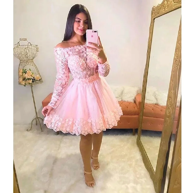 Long Sleeves Pink Short Homecoming Dresses Strapless Appliques 3D Flowers Prom Mini Party Graudation Cocktail Gowns