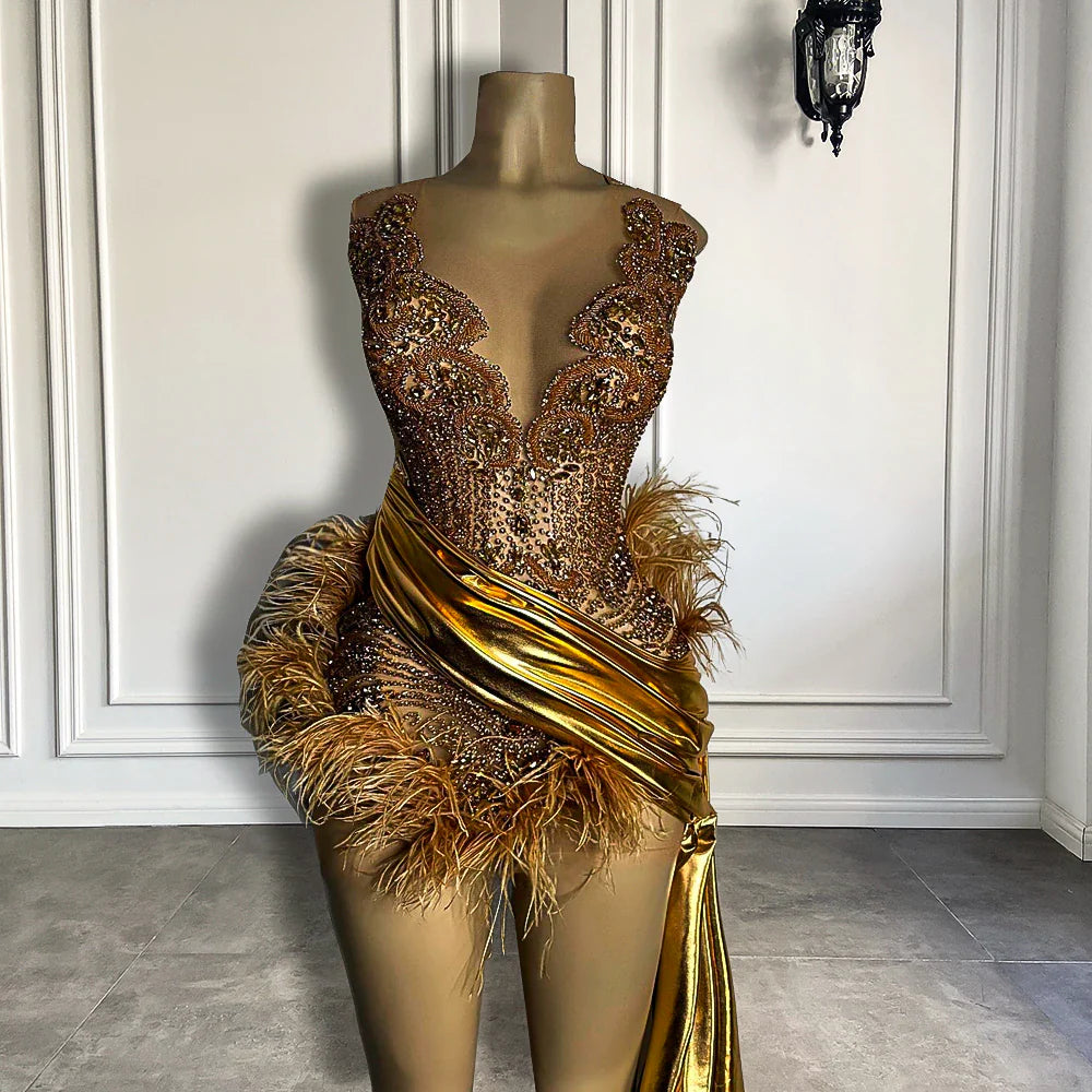 Luxury Gold Diamond Formal Occasion Cocktail Dresses Sheer Sexy See Through Black Girls Feather Short Prom Dresses Birthday