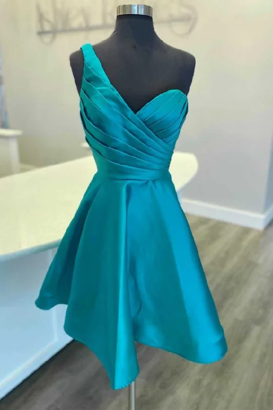 One Shoulder Teal Blue Ruched A Line Homecoming Dress Cocktail Dresses       S3520