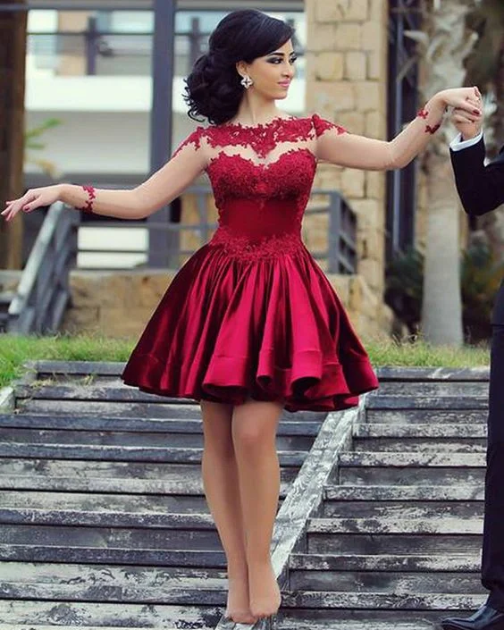 Short Ball Gown High Neckline with Long Sleeves Lace Dark Wine Red Backless Lace Prom Dress         S3213