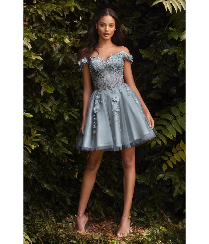 Cinderella Divine  Smoky Blue Beaded & Floral Applique Off The Shoulder Cocktail Dress