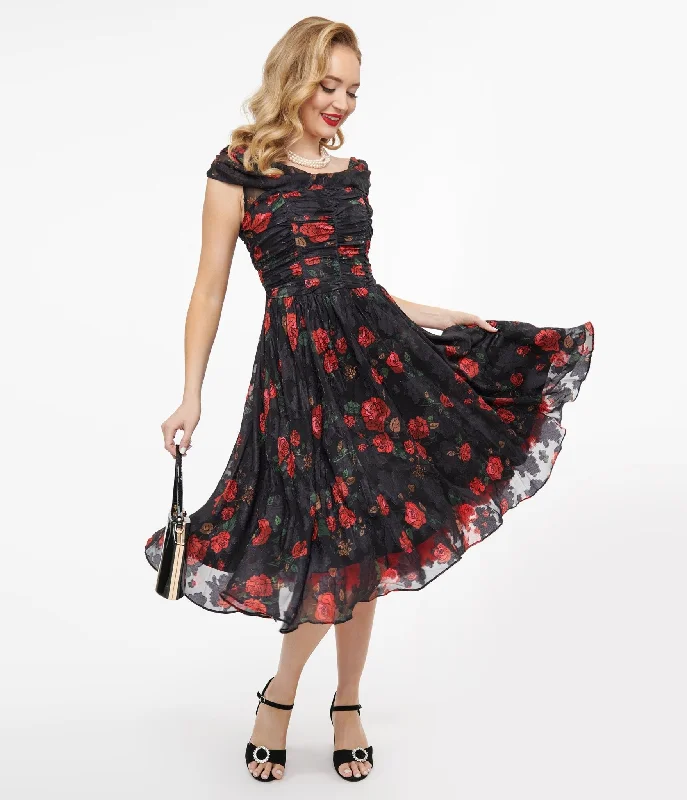 Unique Vintage 1950s Black & Red Rose Off The Shoulder Cocktail Dress