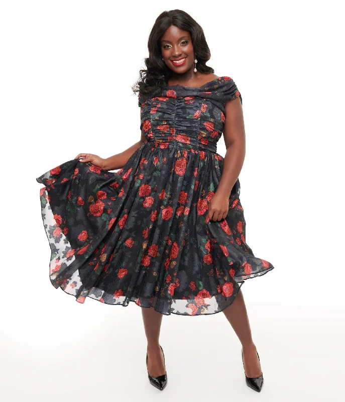 Unique Vintage Plus Size 1950s Black & Red Rose Off The Shoulder Cocktail Dress