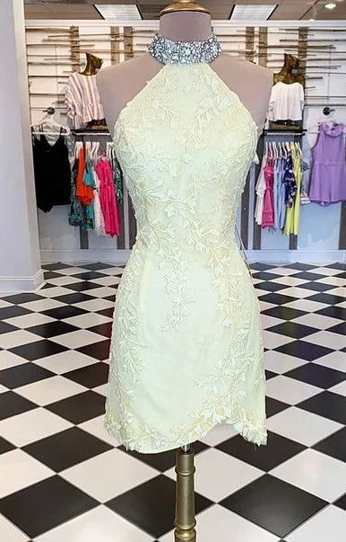 Yellow High Neck Sexy Lace Homecoming Dresses,Short Prom Dresses,Dance Dress        S3163