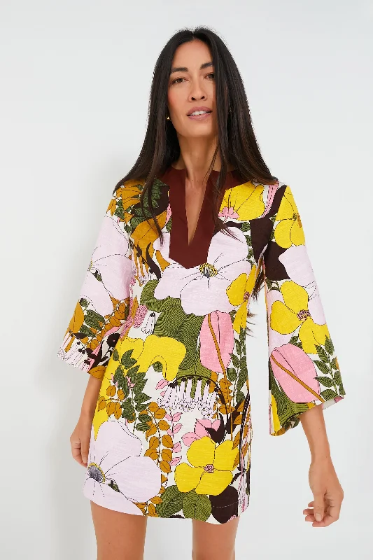 Mini Dresses with ruffles-Big Flower Rose The Kaftan Mini