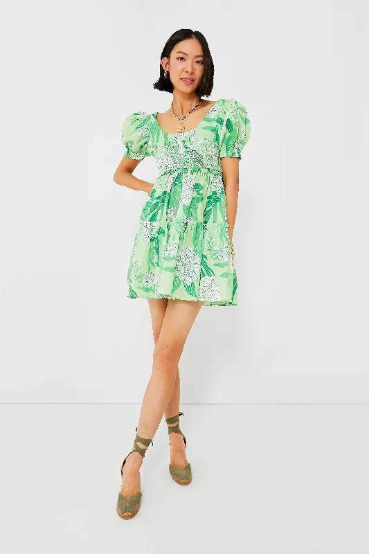 Mini Dresses with lace-up details-Dew Drop Floral Green Mini Dress