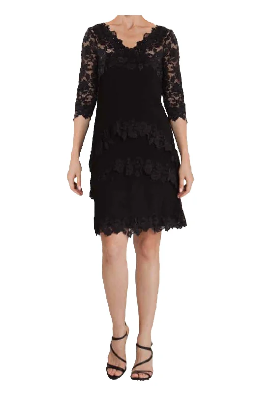 Mini Dresses for easy daywear-French Lace Dress Black V Neck D668