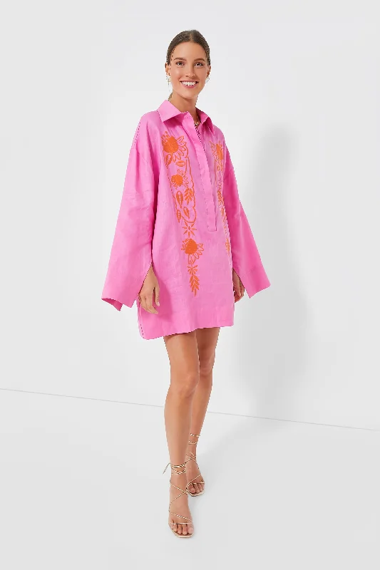 Mini Dresses with bold patterns-Pink Embroidered Hemp Mini Dress