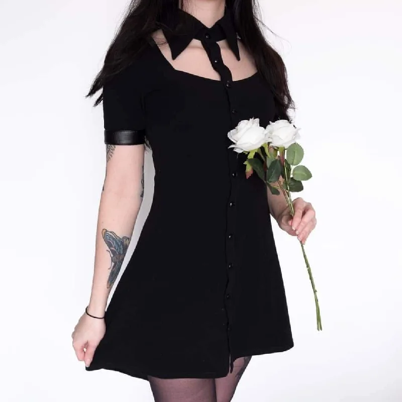 Mini Dresses with a tailored design-Women's Faux Leather Detailed Short Black Goth Dress