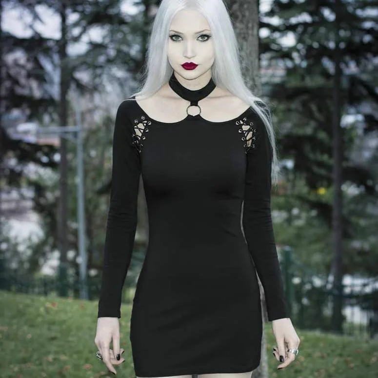 Mini Dresses with soft pleats-Women's Goth Halterneck Long Sleeved Black Little Dress