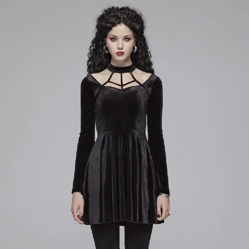 Mini Dresses for every season-Women's Goth Stand Collar Floral Lace Long Sleeved Dress