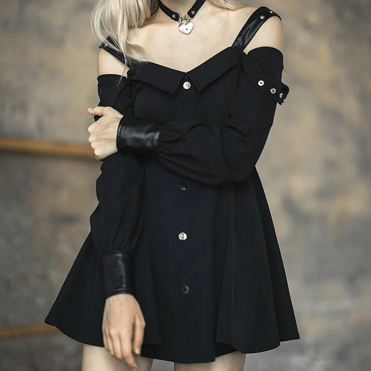 Mini Dresses with flutter sleeves-Women's Goth Off Shoulder Front Buttons Long Sleeved Little Black Dress