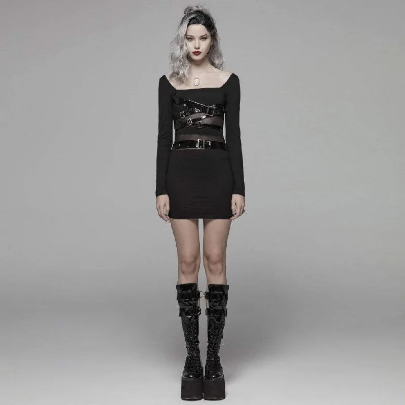 Mini Dresses with gathered details-Women's Goth Straps Long Sleeved Sheer Black Little Dress