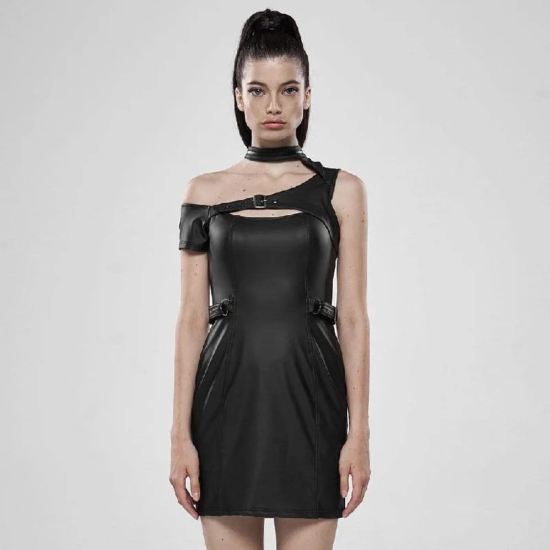 Mini Dresses for a cute Sunday brunch-Women's Punk Faux Leather Off Shoulder Slim Fitted Dresses