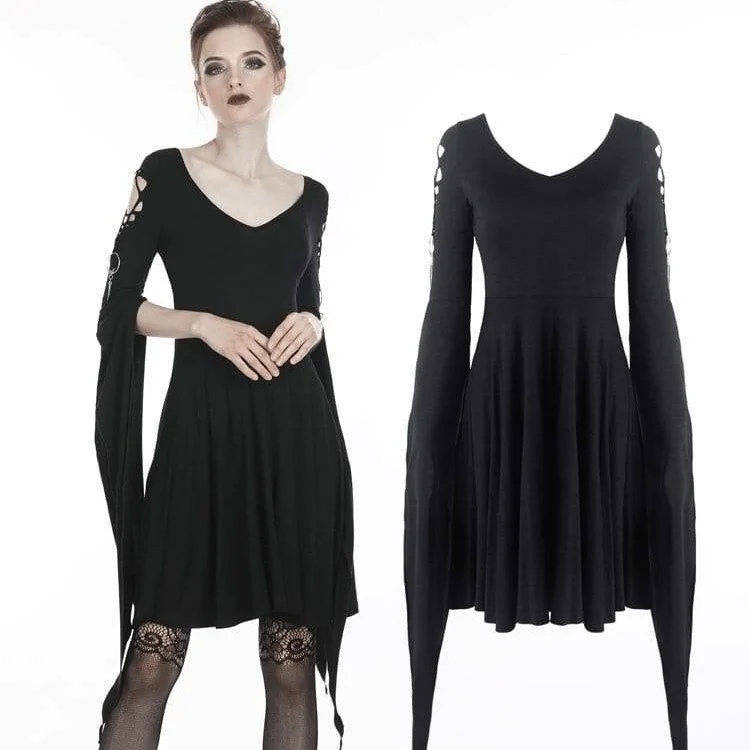 Mini Dresses for relaxed garden parties-Women's Punk V-neck Hollow Dresses With Long Hooked Slit Sleeves