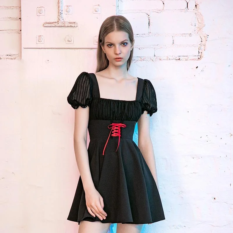 Mini Dresses for an office-friendly look-Women's Square Collar Lace-up Sheer A-line Dresses