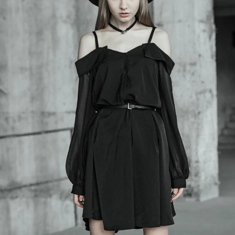 Mini Dresses for a relaxed dinner-Women's Goth Chic Off Shoulder Chiffon Black Little Dress