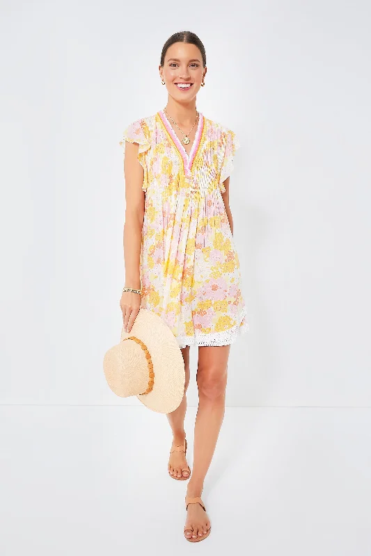 Mini Dresses with button details-Yellow Flower Mix Sasha Mini Dress