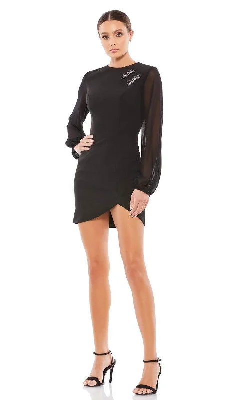 Mini Dresses with crochet details-Ieena Duggal - 26640 Long Sheer Sleeve Mini Dress