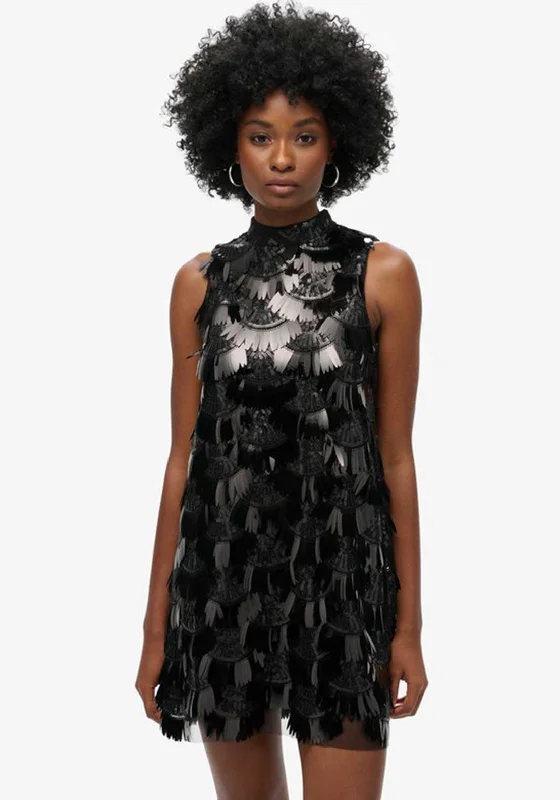 Mini Dresses for springtime style-Superdry A-line Fringed Sequin Mini Dress, Black