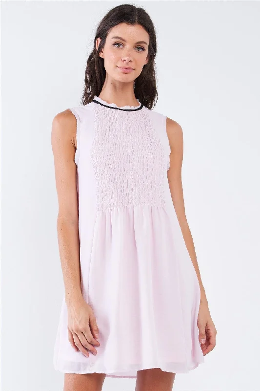 Mini Dresses for a fun and playful style-Baby Pink Sleeveless Round Neck Loose Fitting Smock Front Detail BabyDoll Mini Dress