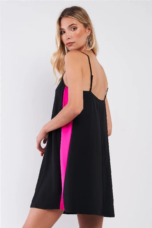 Mini Dresses with simple elegance-Black & Pink Sleeveless V-Neck Side Stripe Detail Relaxed Mini Dress /1-2-2